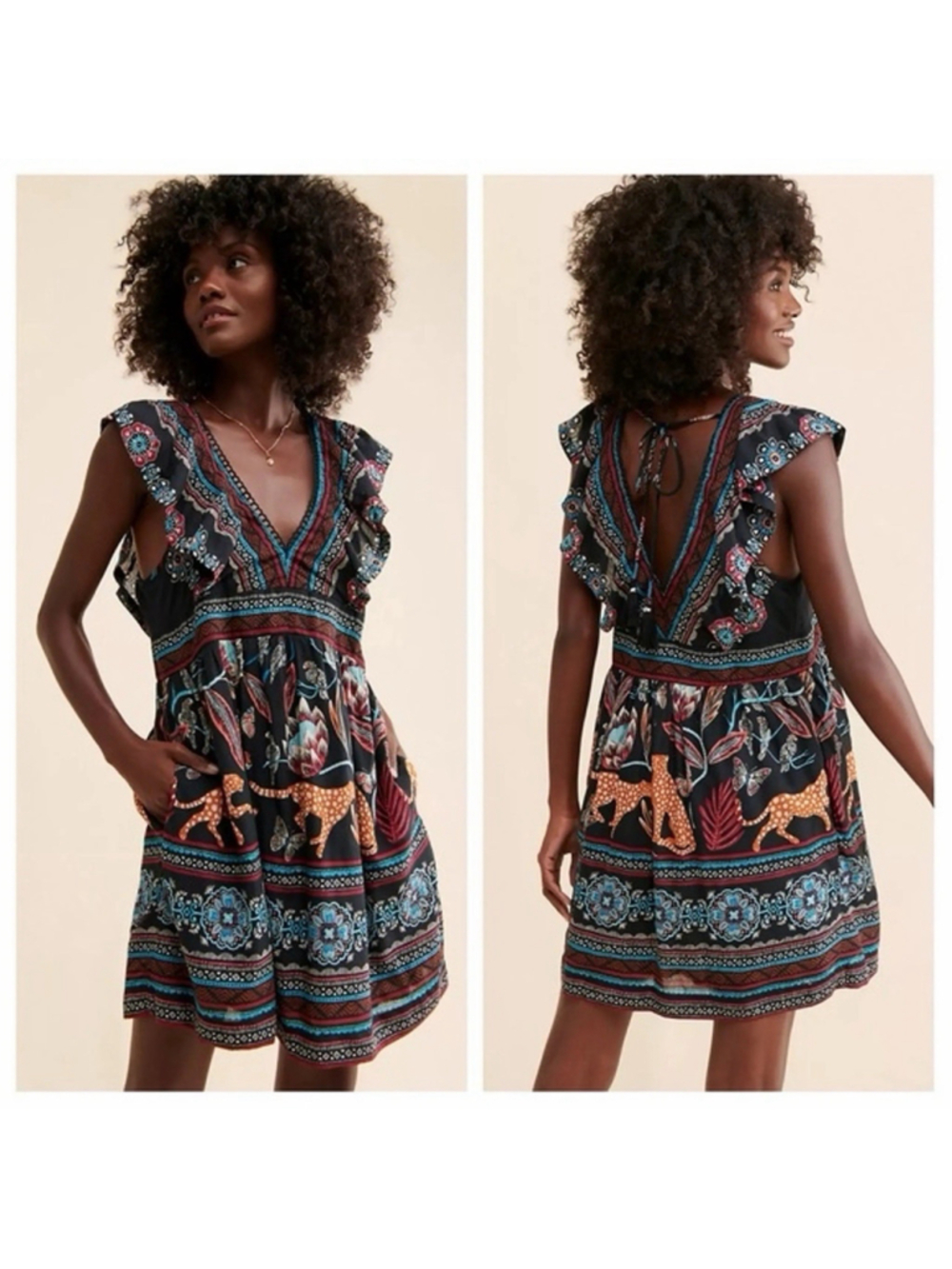 Anthropologie V-Neck Plunge Tunic Mini Dress Black Size XL Cheetah Black Boho